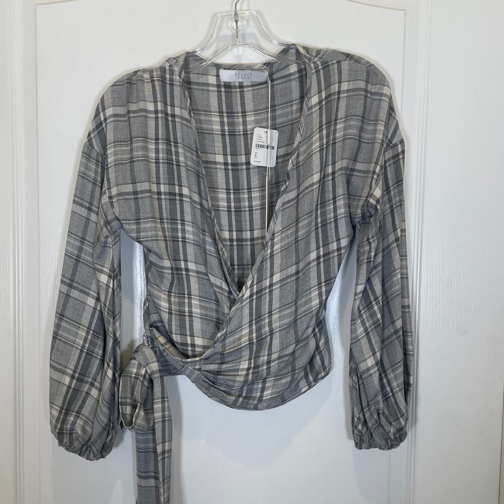 Free People Delacy Gray White Plaid Print‎ Wrap Shirt Long Sleeve NWT S